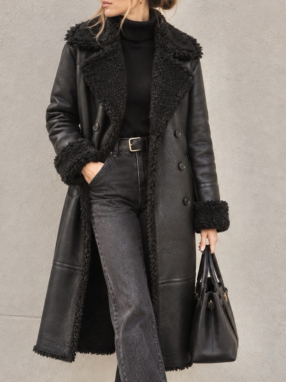 FRYE Black Faux Shearling Long Coat Double Breasted Size M AD2831